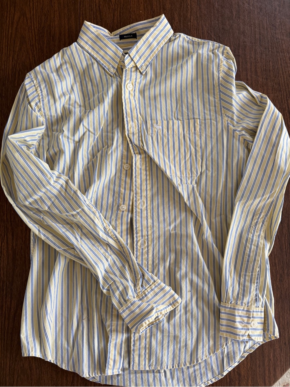 Abercrombie & Fitch Yellow and Blue Striped Button-Down Shirt - Muscle